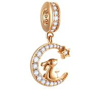 Conejo de oro rosa sentado en la luna nueva Charms, 925 cuentas colgantes de plata esterlina conejo en el cielo nocturno, adecuado para Pandora pulsera de Pascua, regalos para niñas/hermanas/amigos