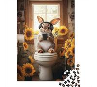 Conejo Escuchando Música Puzzle de 1000 Piezas Puzzle para Adultos Papel Baño con Girasoles Relajación Decoración Regalo 52x38cm/1000pcs
