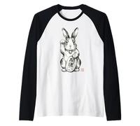 Conejo Sumi-e japonés Maneki Neko Fortuna Camiseta Manga Raglan