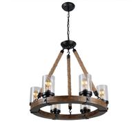 CONERY Lámpara De Rueda De Carro, Lámpara De Madera Rústica con Pantallas De Vidrio Semillas, 6 Luces, Luz Colgante De Rueda De Carro Redonda Retro De Granja para Sala De Estar, Cocina, Isla, Entrada