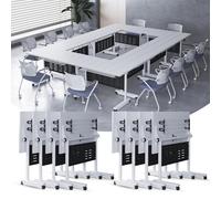Conference Table, Combinable Mobile Flip Top Design Training Desk, Modern Large Rectangular Meeting Desk, Dynamic Seminar Table with Silent Wheels for Office