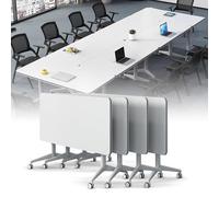 Conference Table, Modern Foldable Conference Room Table, Large Rectangular White Meeting Flip Top Desk, Seminar Desk with Silent Wheels for Office, Classroom (4Pack 47.2in)