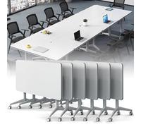 Conference Table, Modern Foldable Conference Room Table, Large Rectangular White Meeting Flip Top Desk, Seminar Desk with Silent Wheels for Office, Classroom (6Pack 55.1in)