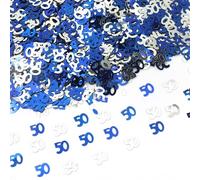 Confeti de 50 cumpleaños azul y plateado de 35 g, decoración de mesa de 50 cumpleaños, decoración de mesa de aluminio metálico brillante para decoración de fiesta de cumpleaños