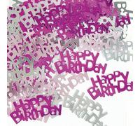 Confeti de feliz cumpleaños de 28 g, chispas de papel de aluminio metálico rosa y plateado, decoraciones de fiesta para mesas de cumpleaños, tarjetas, invitaciones, bolsas de regalo y decoración de