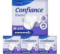 Confiance Elastic - Cambios completos para hombres y mujeres - Nivel de absorción : 9 gotas (fugas urinarias importantes) - pH neutro a la piel - Material suave - Talla M - 14 unidades (Paquete de 4)