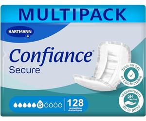 Confiance Secure - Protectores anatómicos absorbentes para hombres y mujeres - Nivel de absorción = 6 gotas (fugas urinarias medianas) - Material suave - 4 x 32 unidades