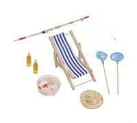 Configuración de pesca realista con varillas de madera, azul, asiento, sombrero, cuenco y botellas de cerveza para una casa de muñecas detallada y construcción de escenas de modelos