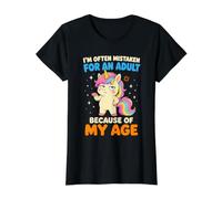 Confundido con un Adulto por mi Edad Humor Unicornio Camiseta gráfica económica, Mujer, Negro, L