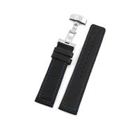 Cong Yi Correa De Reloj De Cuero Genuino Cuadrada Negra Informal De Negocios Con Hebilla De Mariposa For Hombres Y Mujeres Pulsera De 24 Mm(Black-blue line)