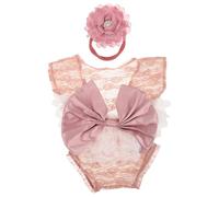 CONGARTENO Conjunto para Sesión de Fotos de Recién Nacida Encaje Suave con Mameluco Rosa y Diadema con Lazo Body para Niña Delicado y Cómodo Adecuado para Fotografía de Bebés y Primeras