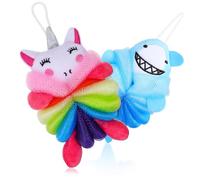 CONGARTENO Esponja De Baño Infantil 2 Unidades Diseño De Unicornio y Tiburón, Esponja De Ducha Exfoliante Suave De Algodón, Color Rosa y Azul, Adecuado Para Baño Diario y Cuidado Corporal De Niños
