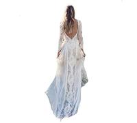 CongMing-huajia Elegantes Vestidos de Novia de Las Mujeres de Manga Larga Sin Espalda de Encaje de Novia Vestido de Piso de Longitud White 44