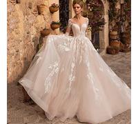 CongMing-huajia Vestido de Novia de Manga Larga A-Line Cuello en V Elegante Encaje Desnudo de Nuevo Applique Blanco Plus-46