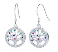 CONILOK Pendientes de plata 925 para mujer, árbol de la vida con circonitas redondas, de plata, hipoalergénicos, para mujer, con purpurina, para mamá, mujer, familias
