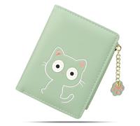 conisy Lindas Carteras para Mujer, Bloqueo de RFID de Cuero, Cartera Plegable pequeña con Monedero con Cremallera para Mujer Gato Verde