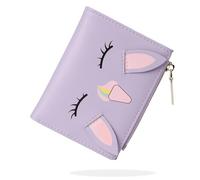 conisy Lindas Carteras para Mujer, Cuero Sintético Plegable Pequeña Cartera con Cremallera Monedero y Bloqueo de RFID (Unicornio Morado)