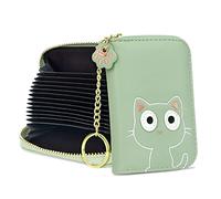 conisy Lindo acordeón Tarjetero para Mujer, pequeño RFID Bloqueo Cuero Cremallera señoras Tarjetero Cartera con Llavero (Gato Verde)