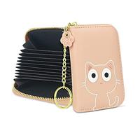conisy Lindo acordeón Tarjetero para Mujer, pequeño RFID Bloqueo Cuero Cremallera señoras Tarjetero Cartera con Llavero (Gato Rosa)