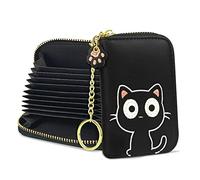 conisy - Tarjetero de acordeón para Mujer, pequeño, con Bloqueo RFID, de Piel, con Cremallera, para Mujer, Tarjetero, con Llavero (Gato Negro)