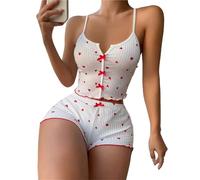 Coniunto de Pijama de Seda Conjunto de Pijama for Mujer, de Seda con Estampado de Corazones y Escote en V, sin Mangas, Informal, con Top y Pantalones Cortos, for Estar en casa(Beige,XL)