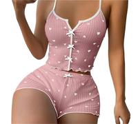 Coniunto de Pijama de Seda Conjunto de Pijama for Mujer, de Seda con Estampado de Corazones y Escote en V, sin Mangas, Informal, con Top y Pantalones Cortos, for Estar en casa(Pink,S)
