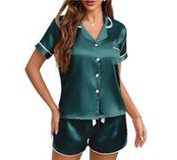 Coniunto de Pijama de Seda Conjunto de Pijama satén Seda for Mujer, Conjunto Dos Piezas, Ropa Dormir, Estar por casa, con Botones, 2, Pantalones Cortos en(Green White,M)