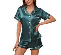 Coniunto de Pijama de Seda Conjunto de Pijama satén Seda for Mujer, Conjunto Dos Piezas, Ropa Dormir, Estar por casa, con Botones, 2, Pantalones Cortos en(Green,S)
