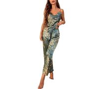 Coniunto de Pijama de Seda Conjunto de Pijama Sexy con Tirantes for Mujer, Ropa de Dormir de satén con Pantalones, Estampado de Flores, Holgado, for el hogar, de Verano(Green Pajamas,XL)