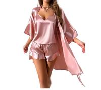 Coniunto de Pijama de Seda Pijama de Seda for Mujer, Conjunto de Pijama Sexy de Moda y Bata Sencilla de Tres Piezas, Ropa de Estar por casa for Mujer(Pink,M)