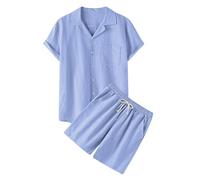 Conjunto 2 Piezas Hombre Lino Verano Camisa de Botones y Bermudas Ropa Hombre Verano Casual Playa Transpirable Ligero Outfit de Tarde de Ocio Monocolor dos Piezas Manga Corta con Botones Camisa Corta
