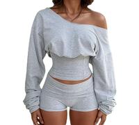 Conjunto 2 Piezas Mujer, Conjunto Deporte Mujer Sudadera Informal con Hombros Descubiertos Y Pantalones Cortos De Corte Holgado Conjunto Deportivo De Manga Larga con Cinturón para Adelgazar