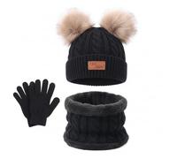 Conjunto Accesorios de Invierno 3 Piezas Niños Set, Conjunto de Bufanda Sombrero y Gorro Niño, Gorros con Pompon Lana Niño Braga Cuello Polar y Guantes de Punto Cálidos para Niñas y Niños (Negro)