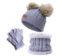 Conjunto Accesorios de Invierno 3 Piezas Niños Set, Conjunto de Bufanda Sombrero y Gorro Niño, Gorros con Pompon Lana Niño Braga Cuello Polar y Guantes de Punto Cálidos para Niñas y Niños （Gris）