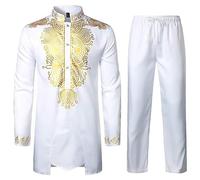 Conjunto africano de 2 piezas Dashiki para hombre, camisa de manga larga con cuello alto con estampado dorado y pantalones a juego, traje étnico tradicional para boda, fiesta, festival, blanco, XL