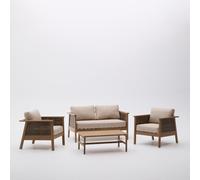 Conjunto Alabe compuesto por un sofá de 2 plazas, 2 sillones y una mesa de centro, fabricados en madera de acacia 100% certificada FSC.