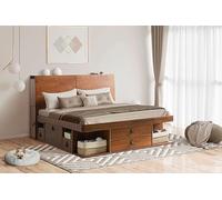 Conjunto Bali Caramelo: cama funcional 180x200 + cabecero 205 + somier. Cama y cabecero de madera de pino macizo con mucho espacio de almacenamiento y cajones, ideal para habitaciones pequeñas