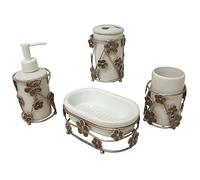 Conjunto BAÑO 4 Piezas Accesorios SOBREMESA Lavabo FORJA Margarita Gris Plateado DOSIFICADOR JABONERA Vaso CEPILLOS Dientes