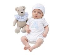Conjunto Bebé 3 piezas personalizado - Body, gorro y oso para neonatos con nombre e inicial - Set nacimiento 3 piezas body, gorrito y peluche - Regalo recién nacidos - Manga corta (Celeste, 0 Meses)