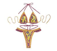 Conjunto Bikini Brasileño Mujer Bikini Tanga Bikinis Brasiliaños Bikini de Tirantes Bañador Mujer Sexy Biquini Vikini Trajes de Baño Triángulo Estampado Étnico Bikini Cintura Alta(A Amarillo,L)