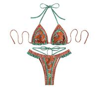Conjunto Bikini Brasileño Mujer Bikini Tanga Bikinis Brasiliaños Bikini de Tirantes Bañador Mujer Sexy Biquini Vikini Trajes de Baño Triángulo Mujer Estampado Étnico Bikini Cintura Alta(A Marrón,S)