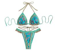 Conjunto Bikini Brasileño Mujer Bikini Tanga Bikinis Brasiliaños Bikini de Tirantes Bañador Mujer Sexy Biquini Vikini Trajes de Baño Triángulo Mujer Estampado Étnico Bikini Cintura Alta(A Azul,L)