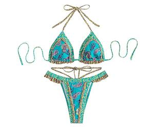Conjunto Bikini Brasileño Mujer Bikini Tanga Bikinis Brasiliaños Bikini de Tirantes Bañador Mujer Sexy Biquini Vikini Trajes de Baño Triángulo Mujer Estampado Étnico Bikini Cintura Alta(A Azul,L)