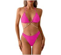 Conjunto Bikini Mujer Color Liso Cuello En V - Bañador Mujer Bikinis Único Suave, Trajes De Baño De Dos Piezas Elegante Viaje Swimwear Vacaciones Surf Rosa Fuerte M