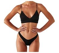 Conjunto Bikini Mujer Cuello En V Color Liso - Bañador Mujer Bikinis Slim Fit Glamour, Traje De Baño De Dos Piezas Suave Classic Swimwear Playa Verano Fiesta En La Piscina Negro XL
