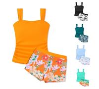 Conjunto Bikini Niña 2 Piezas Bañador Niña Tankini Traje de Baño Estampado Palmeras Verano Ropa de Baño Playa Piscina Natación Traje de Baño Deportivo Cómoda para 9 a 15 Años (01-Orange, 12-13 Years)