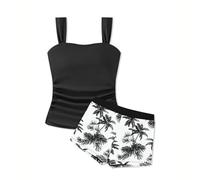 Conjunto Bikini Niña 2 Piezas Bañador Niña Tankini Traje de Baño Estampado Palmeras Verano Ropa de Baño Playa Piscina Natación Traje de Baño Deportivo Cómoda para 9 a 15 Años (02-Black, 10-11 Years)