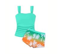 Conjunto Bikini Niña 2 Piezas Bañador Niña Tankini Traje de Baño Estampado Palmeras Verano Ropa de Baño Playa Piscina Natación Traje de Baño Deportivo Cómoda para 9 a 15 Años (02-Green, 14-15 Years)