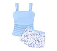 Conjunto Bikini Niña 2 Piezas Bañador Niña Tankini Traje de Baño Estampado Palmeras Verano Ropa de Baño Playa Piscina Natación Traje de Baño Deportivo Cómoda para 9 a 15 Años (02-Blue, 9-10 Years)