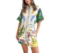 Conjunto bohemio de 2 piezas para mujer, conjunto casual de verano con estampado de graffiti a juego, camisa de manga corta con botones y pantalones cortos con bolsillos, ropa de descanso hawaiana,